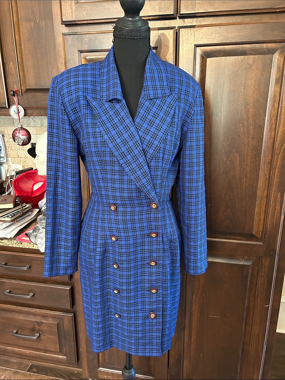 La Belle Blue Plaid Double-Breasted Midi Dress